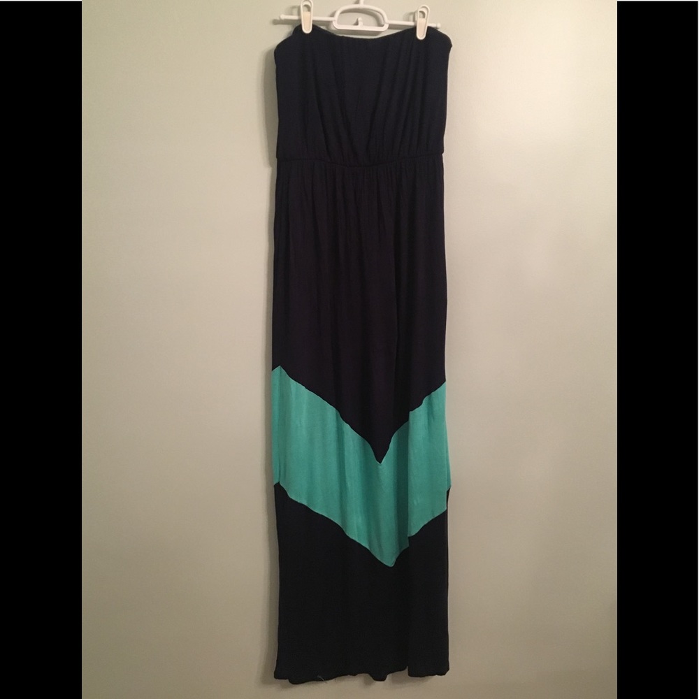 Navy Blue and Teal Strapless Maxi